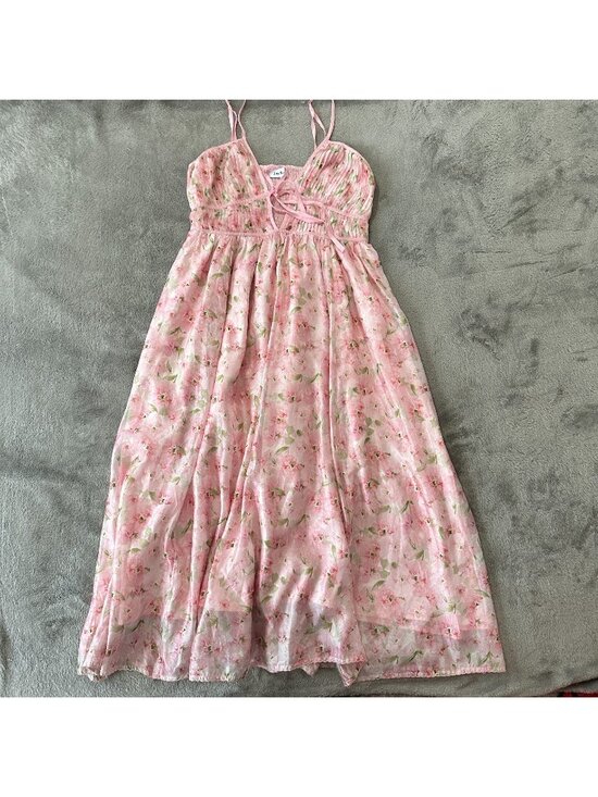 En Saison Dresses & Skirts - En Saison Pink Romantic Pleated Tie Front Midi Dress Women's SMALL Fairy Floral